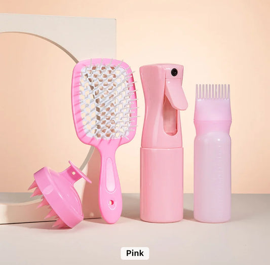 Spray bottle , root comb oil applicator, hair brush and scalp scrub massager. Bundle ( 4 items )